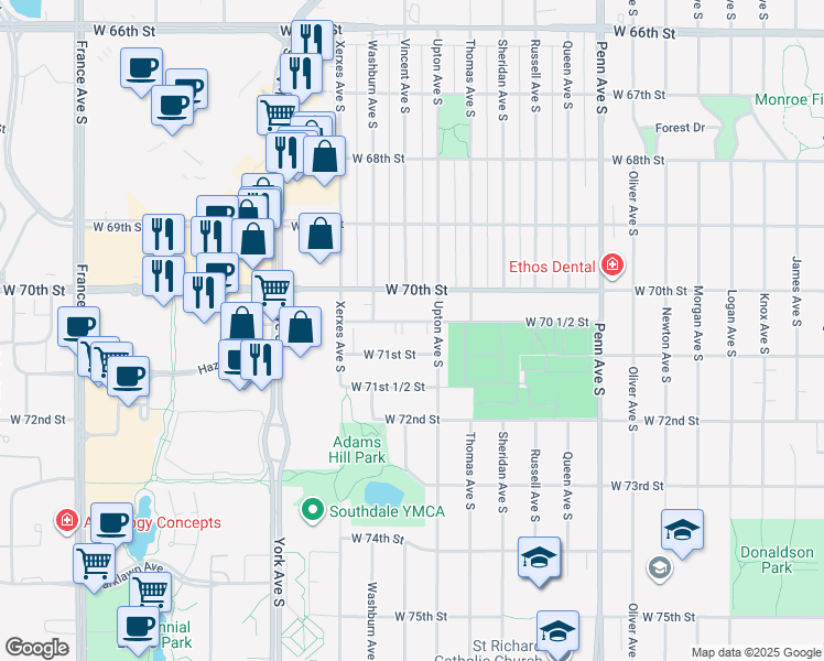 map of restaurants, bars, coffee shops, grocery stores, and more near 2838 West 70th 1/2 Street in Minneapolis