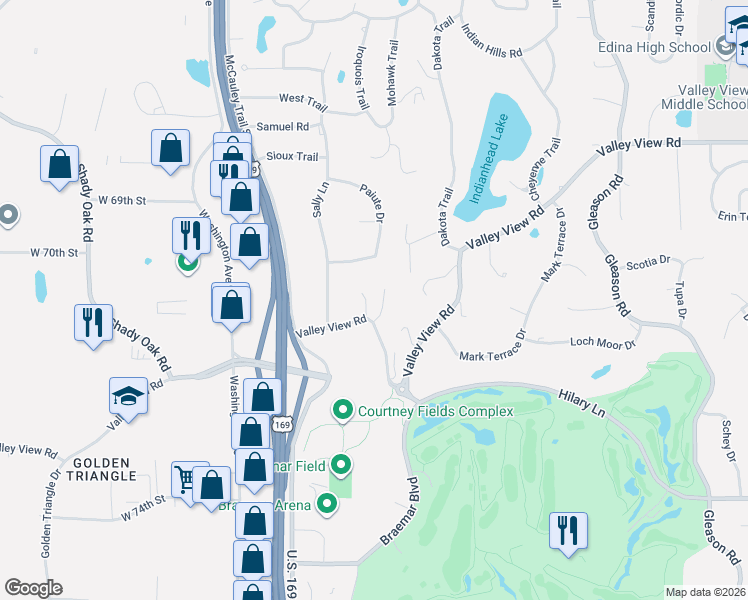 map of restaurants, bars, coffee shops, grocery stores, and more near 7021 Comanche Court in Minneapolis