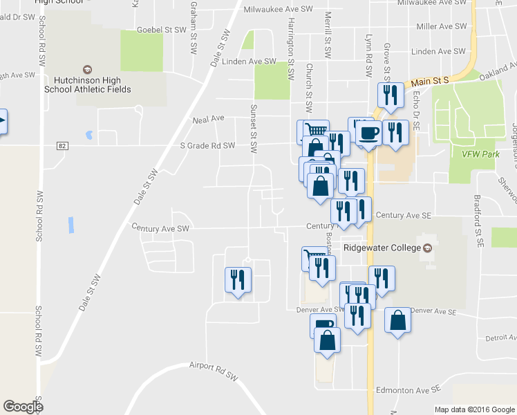 map of restaurants, bars, coffee shops, grocery stores, and more near 775 Century Avenue Southwest in Hutchinson