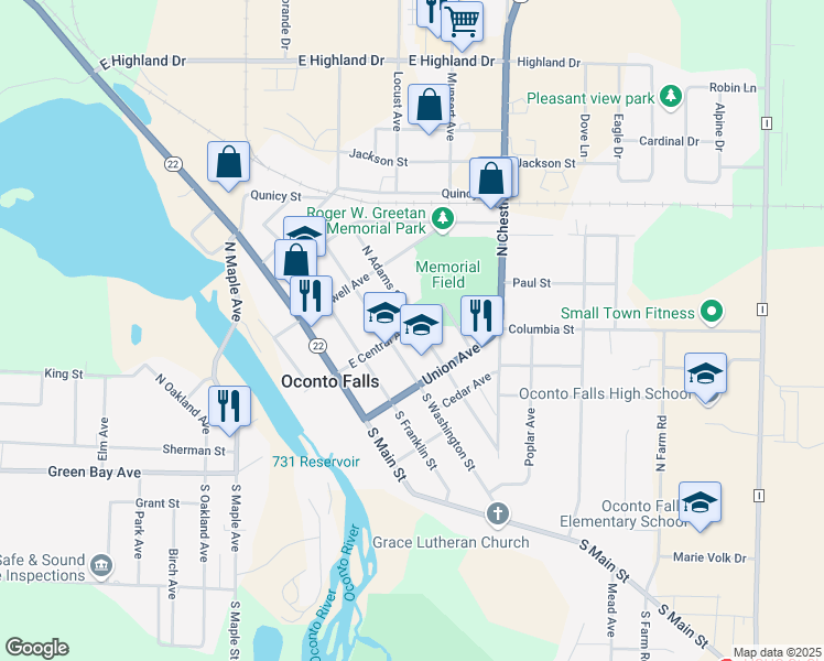 map of restaurants, bars, coffee shops, grocery stores, and more near 102 South Washington Street in Oconto Falls