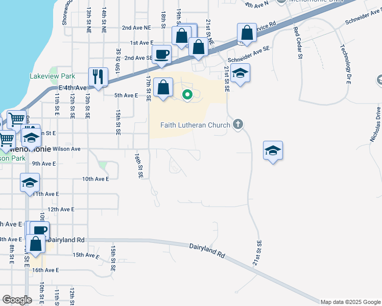 map of restaurants, bars, coffee shops, grocery stores, and more near 1905 Wilson Avenue in Menomonie