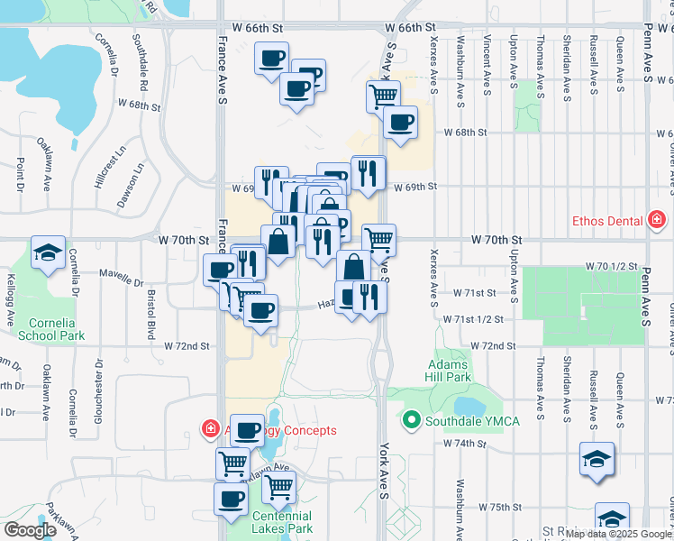 map of restaurants, bars, coffee shops, grocery stores, and more near 7000 York Ave S in Minneapolis