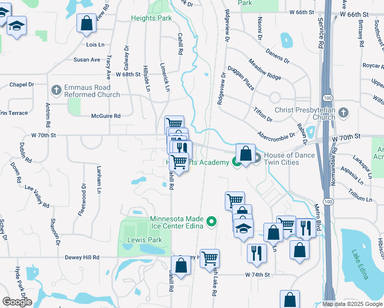 map of restaurants, bars, coffee shops, grocery stores, and more near 7019 Amundson Avenue in Edina