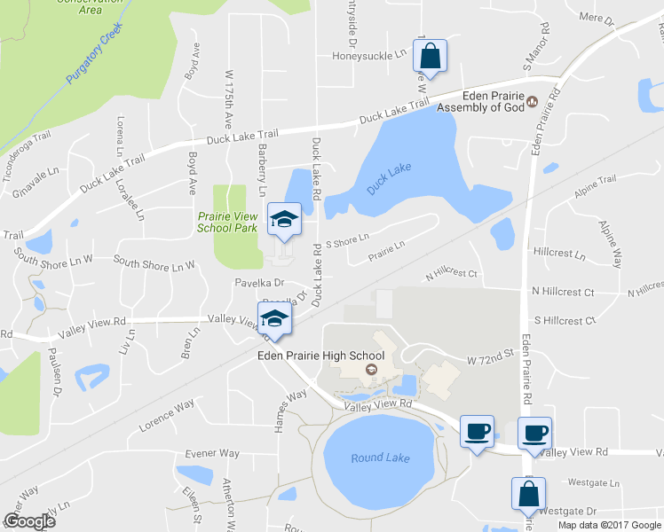 map of restaurants, bars, coffee shops, grocery stores, and more near 17172 Mallard Court in Eden Prairie