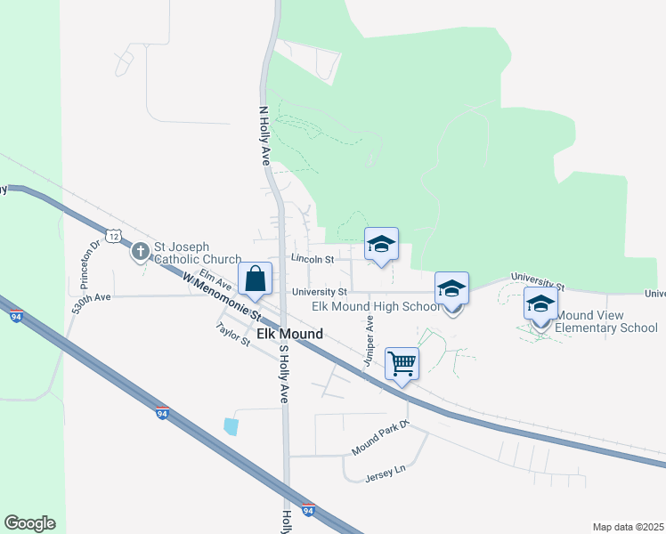map of restaurants, bars, coffee shops, grocery stores, and more near 209 Lincoln Street in Elk Mound