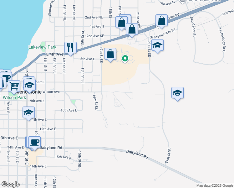 map of restaurants, bars, coffee shops, grocery stores, and more near 1785 Wilson Avenue in Menomonie