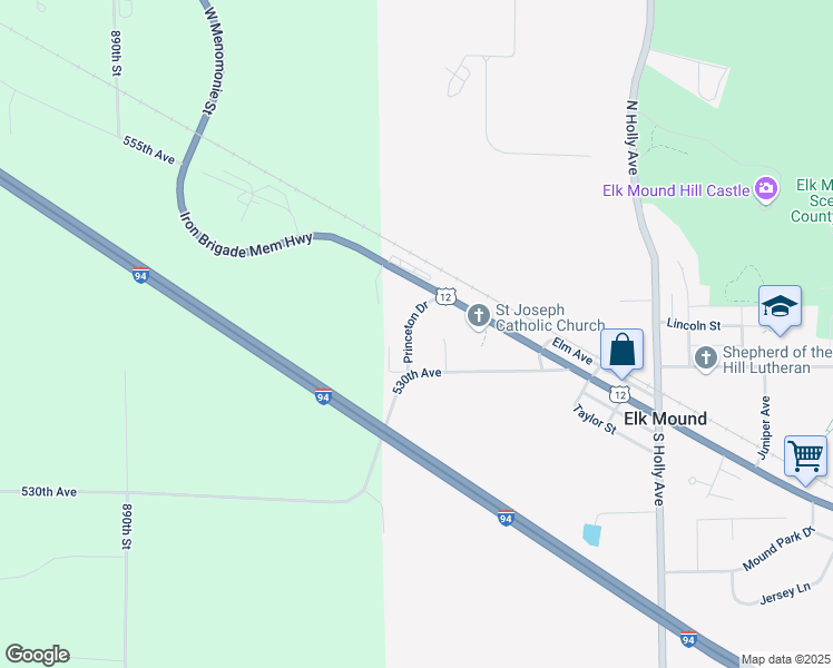 map of restaurants, bars, coffee shops, grocery stores, and more near 117 Princeton Drive in Elk Mound
