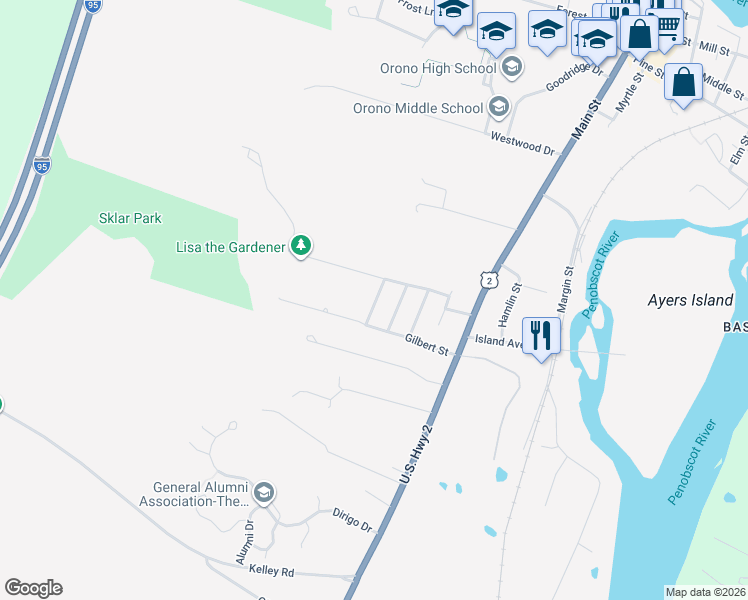 map of restaurants, bars, coffee shops, grocery stores, and more near 8 Pinewood Street in Orono