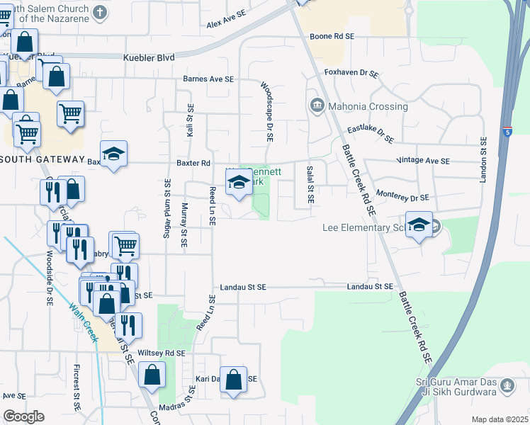 map of restaurants, bars, coffee shops, grocery stores, and more near 2200 Baxter Road Southeast in Salem