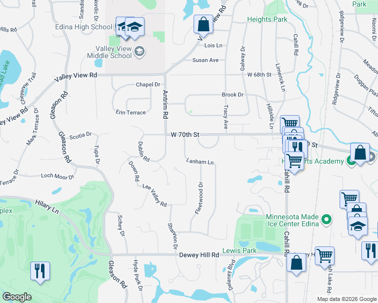 map of restaurants, bars, coffee shops, grocery stores, and more near 7009 Lanham Lane in Edina