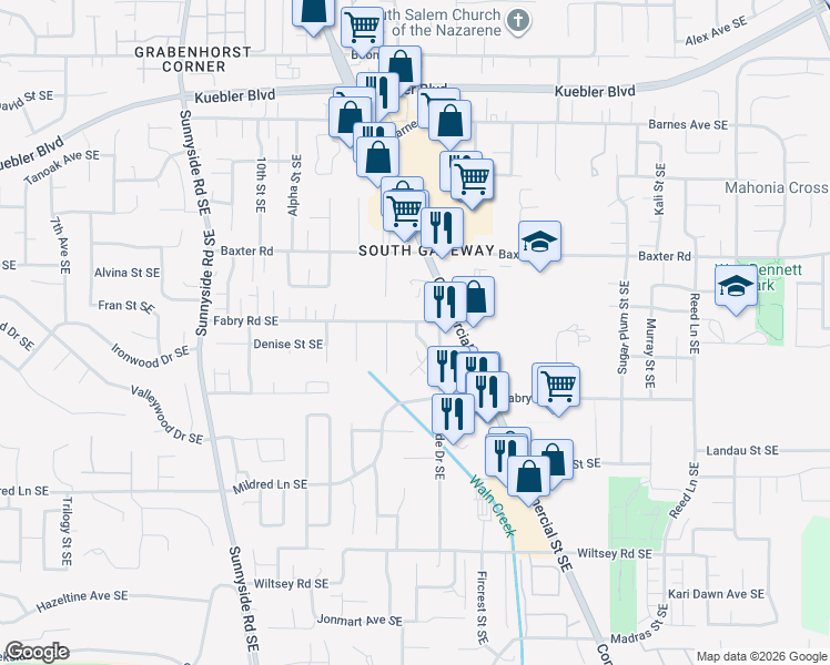 map of restaurants, bars, coffee shops, grocery stores, and more near 1400 Fabry Road Southeast in Salem