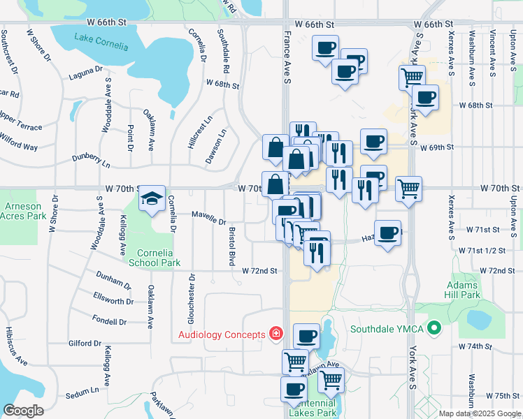 map of restaurants, bars, coffee shops, grocery stores, and more near 7008 Sandell Avenue in Minneapolis