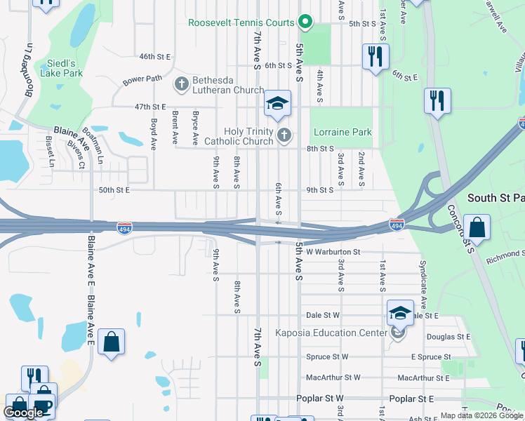 map of restaurants, bars, coffee shops, grocery stores, and more near 929 7th Avenue South in South Saint Paul