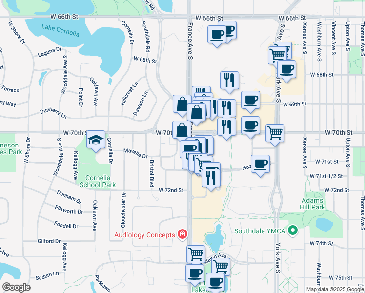 map of restaurants, bars, coffee shops, grocery stores, and more near 7010 France Avenue South in Edina