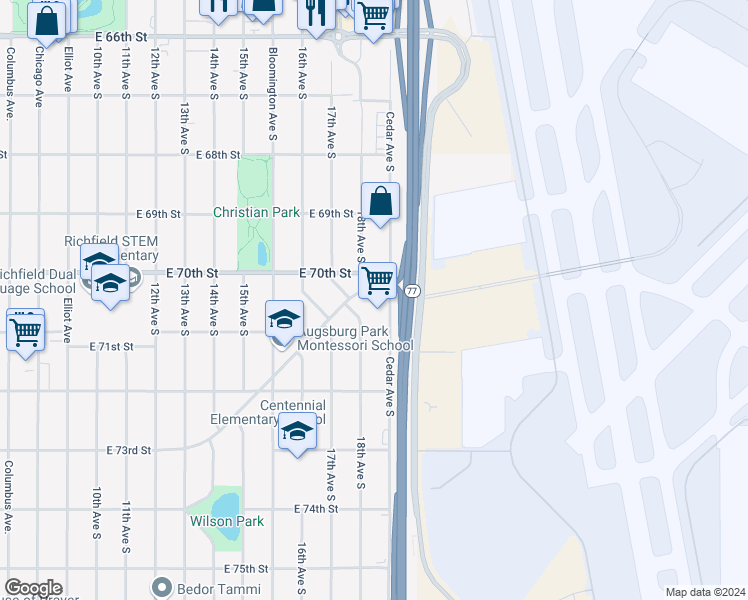 map of restaurants, bars, coffee shops, grocery stores, and more near 7025 17th Avenue South in Richfield