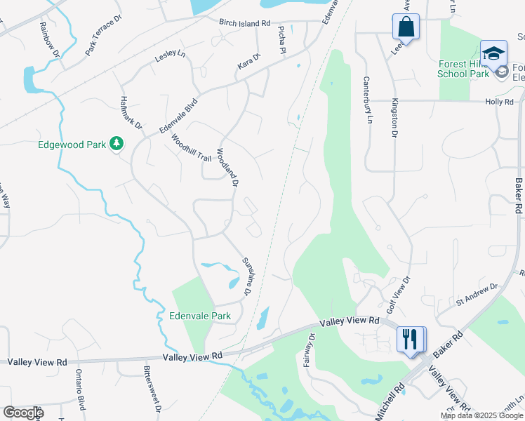 map of restaurants, bars, coffee shops, grocery stores, and more near 7023 Woodland Drive in Eden Prairie