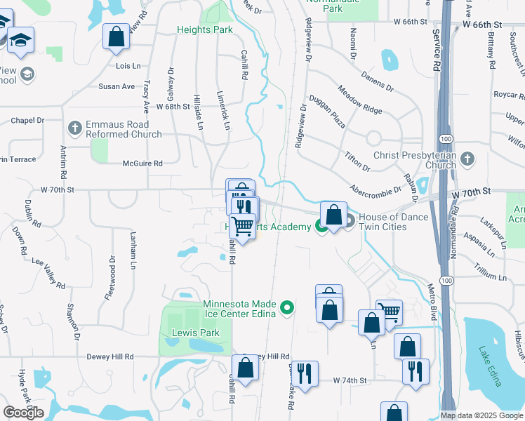 map of restaurants, bars, coffee shops, grocery stores, and more near 7019 Amundson Avenue in Edina