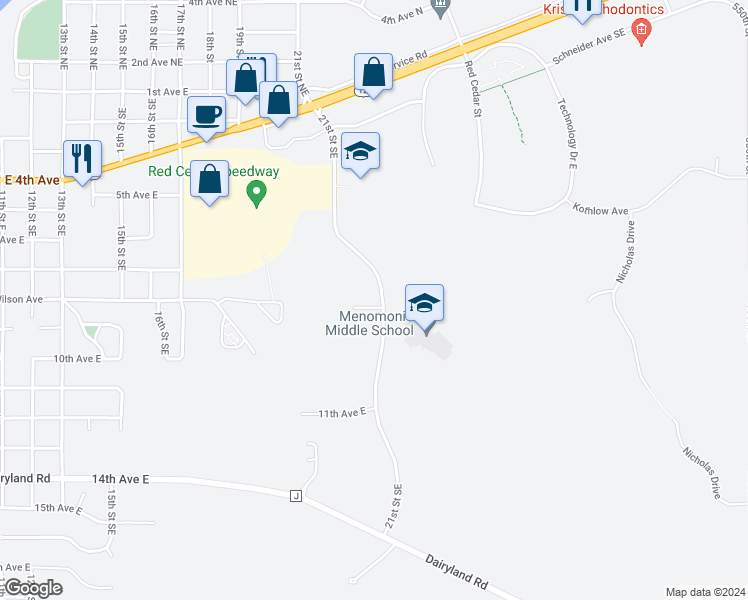 map of restaurants, bars, coffee shops, grocery stores, and more near 2317 Tower Ridge Avenue in Menomonie