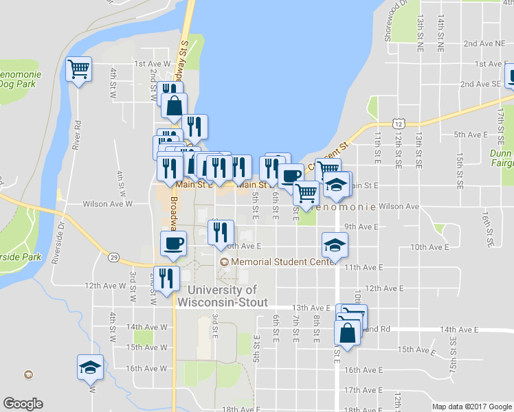map of restaurants, bars, coffee shops, grocery stores, and more near 504 Wilson Avenue in Menomonie