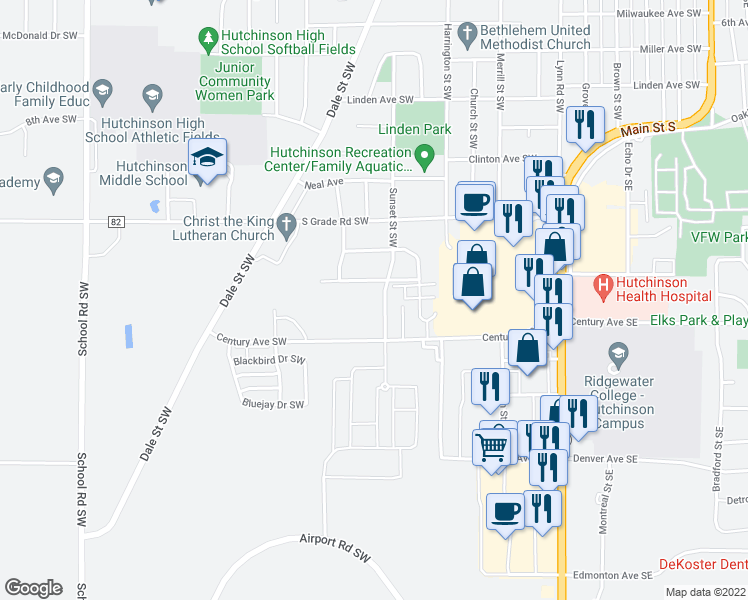 map of restaurants, bars, coffee shops, grocery stores, and more near 1216 Sunset Street Southwest in Hutchinson