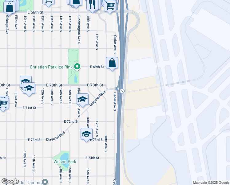 map of restaurants, bars, coffee shops, grocery stores, and more near 7000 Cedar Avenue South in Richfield