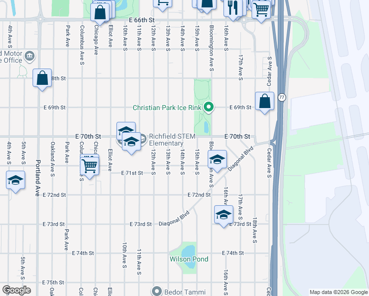 map of restaurants, bars, coffee shops, grocery stores, and more near in Richfield