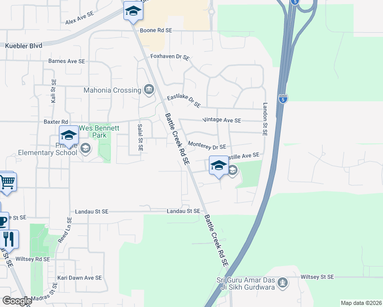 map of restaurants, bars, coffee shops, grocery stores, and more near 5485 Oakridge Court Southeast in Salem