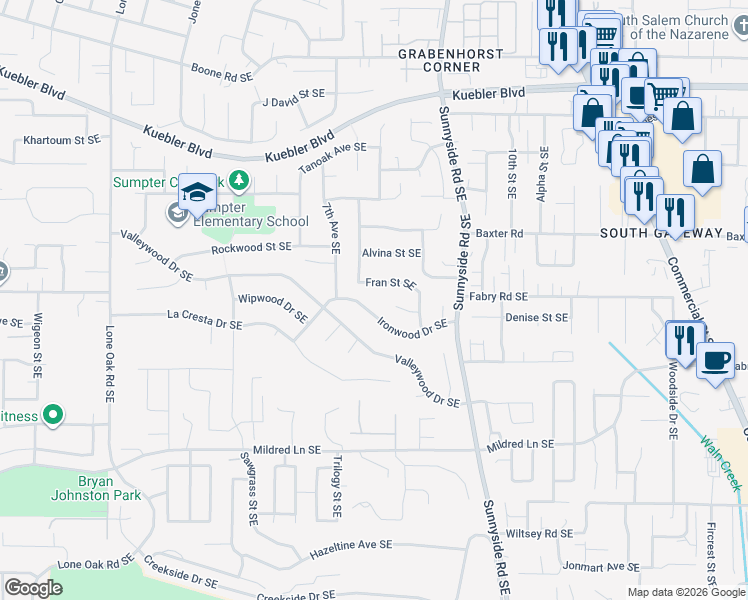 map of restaurants, bars, coffee shops, grocery stores, and more near 730 Ironwood Drive Southeast in Salem