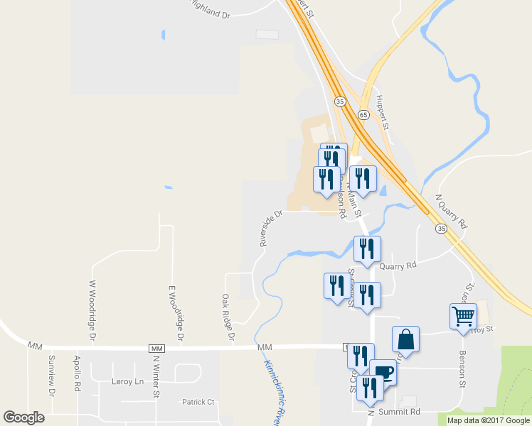 map of restaurants, bars, coffee shops, grocery stores, and more near 1465 Riverside Drive in River Falls