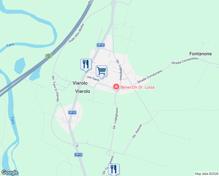 map of restaurants, bars, coffee shops, grocery stores, and more near 166 Strada Cornazzano in Viarolo