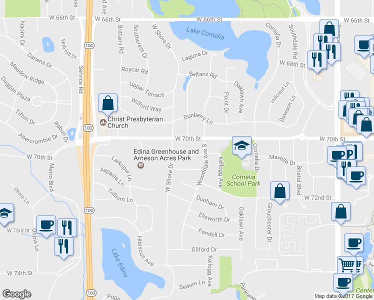 map of restaurants, bars, coffee shops, grocery stores, and more near 4516 Andover Road in Minneapolis