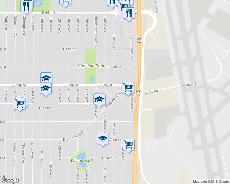 map of restaurants, bars, coffee shops, grocery stores, and more near 7020 17th Avenue South in Minneapolis
