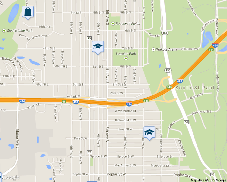 map of restaurants, bars, coffee shops, grocery stores, and more near 242 Park Street West in South Saint Paul
