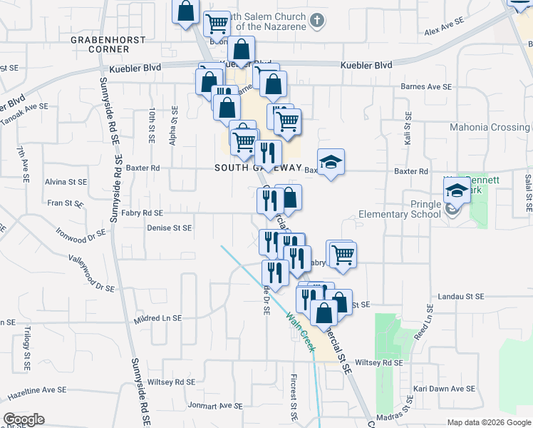 map of restaurants, bars, coffee shops, grocery stores, and more near 5505 Woodside Drive Southeast in Salem