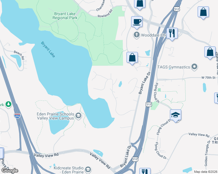 map of restaurants, bars, coffee shops, grocery stores, and more near 7070 Willow Creek Road in Eden Prairie