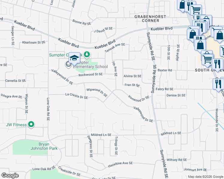 map of restaurants, bars, coffee shops, grocery stores, and more near 685 Valleywood Drive Southeast in Salem