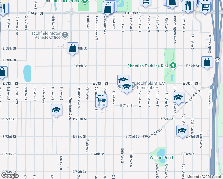 map of restaurants, bars, coffee shops, grocery stores, and more near 7021 Chicago Avenue in Minneapolis