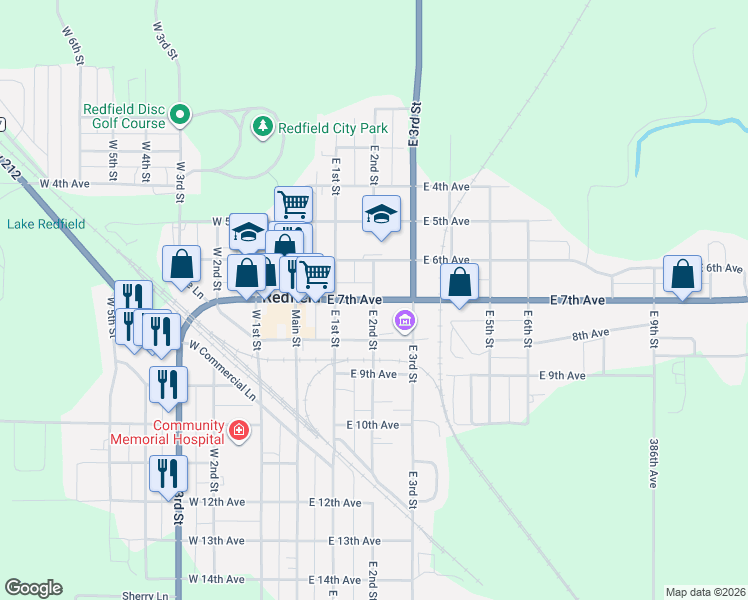 map of restaurants, bars, coffee shops, grocery stores, and more near 700 East 2nd Street in Redfield