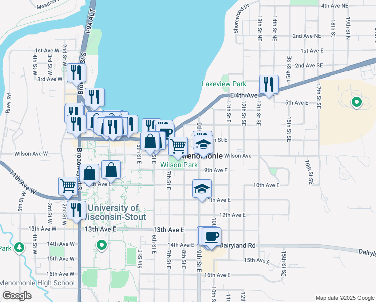 map of restaurants, bars, coffee shops, grocery stores, and more near in Menomonie