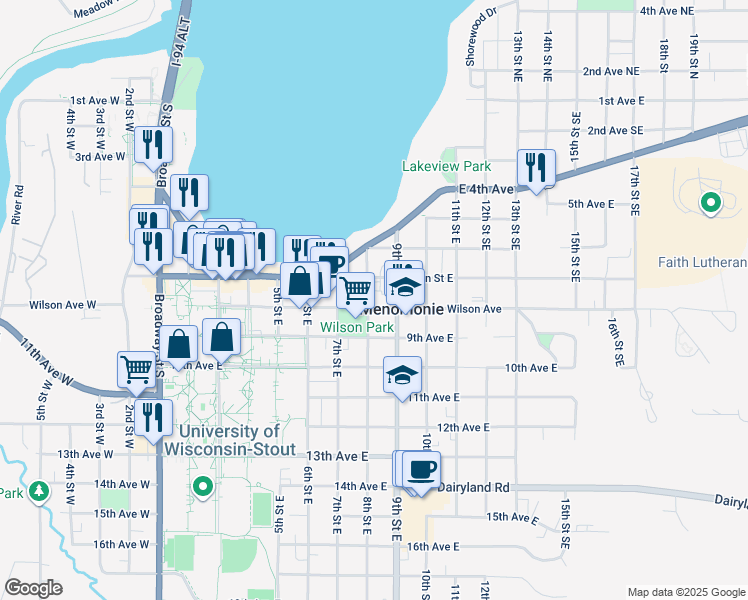 map of restaurants, bars, coffee shops, grocery stores, and more near in Menomonie