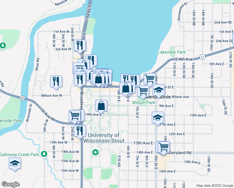 map of restaurants, bars, coffee shops, grocery stores, and more near 504 Wilson Avenue in Menomonie