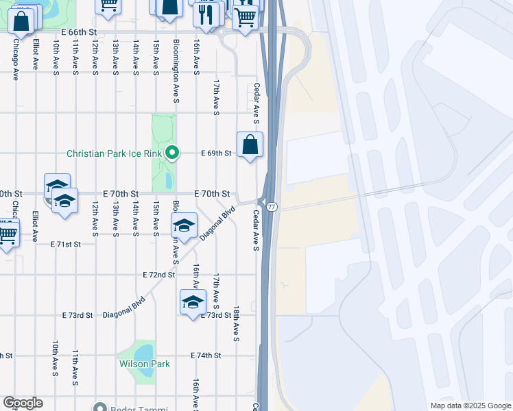 map of restaurants, bars, coffee shops, grocery stores, and more near 7034 Cedar Avenue in Richfield