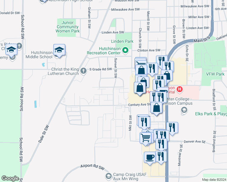 map of restaurants, bars, coffee shops, grocery stores, and more near 1216 Sunset Street Southwest in Hutchinson