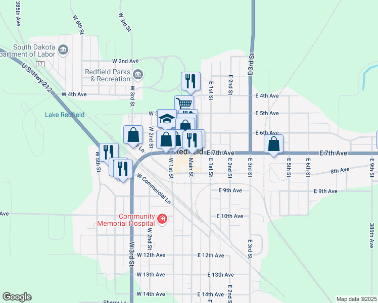 map of restaurants, bars, coffee shops, grocery stores, and more near in Redfield