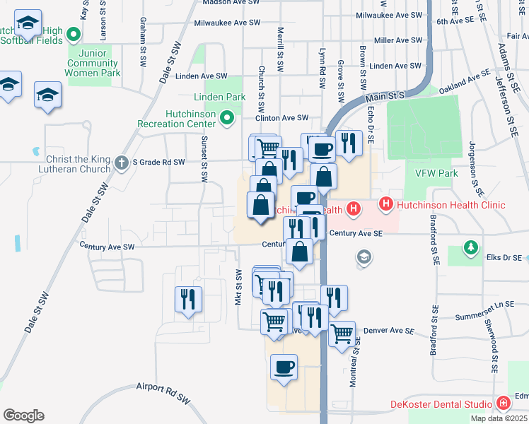 map of restaurants, bars, coffee shops, grocery stores, and more near 1060 Minnesota 15 in Hutchinson
