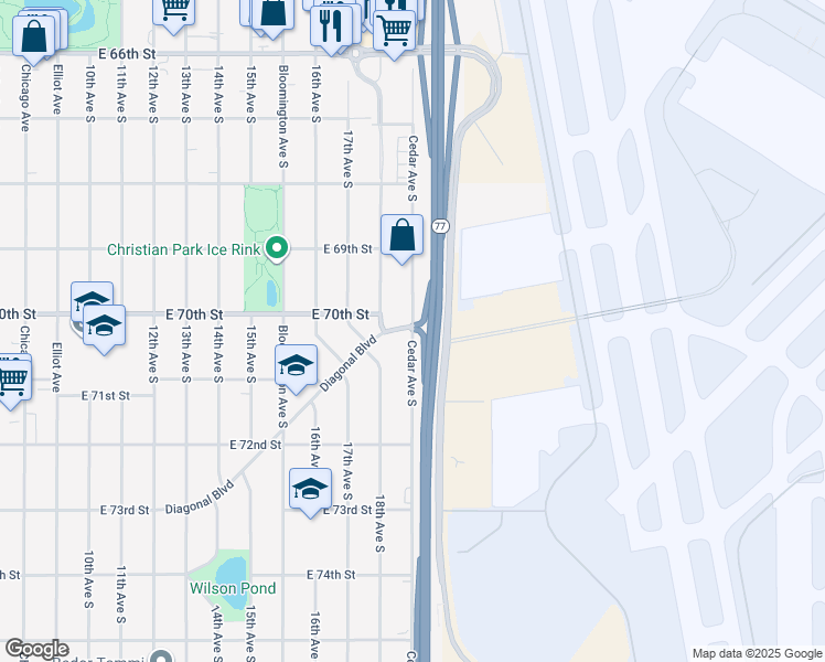 map of restaurants, bars, coffee shops, grocery stores, and more near 7000 Cedar Avenue South in Richfield