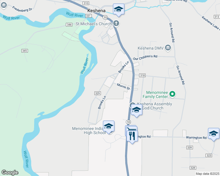map of restaurants, bars, coffee shops, grocery stores, and more near Brooks Lane in Keshena