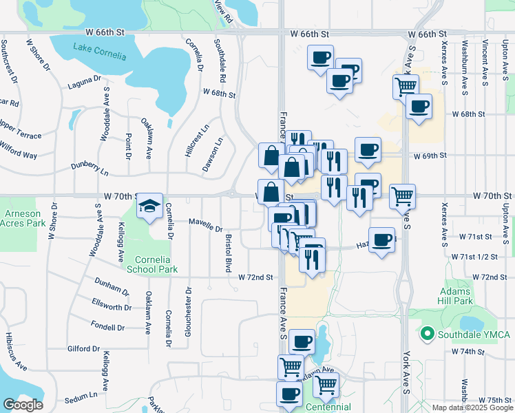 map of restaurants, bars, coffee shops, grocery stores, and more near 7010 France Avenue South in Edina