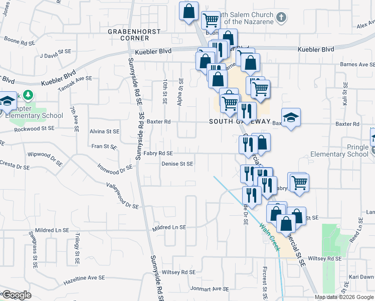 map of restaurants, bars, coffee shops, grocery stores, and more near 1151 Fabry Road Southeast in Salem