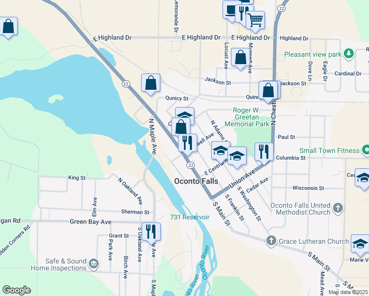 map of restaurants, bars, coffee shops, grocery stores, and more near 125 Caldwell Avenue in Oconto Falls